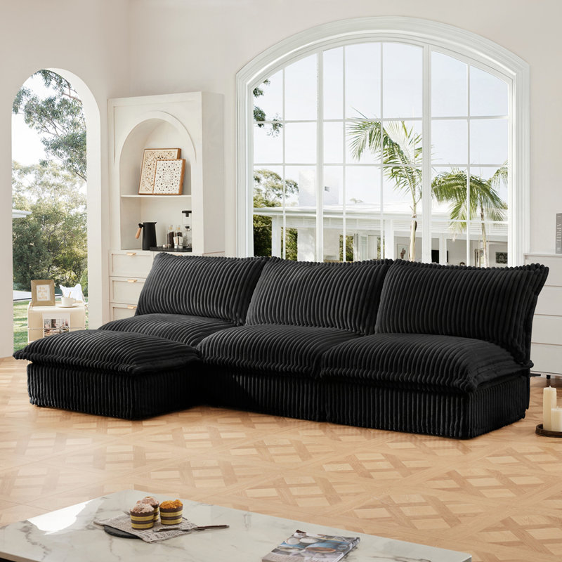 Canapé modulaire polyvalent en chenille avec repose-pieds réversible pour un confort ultime, Velours côtelé noir