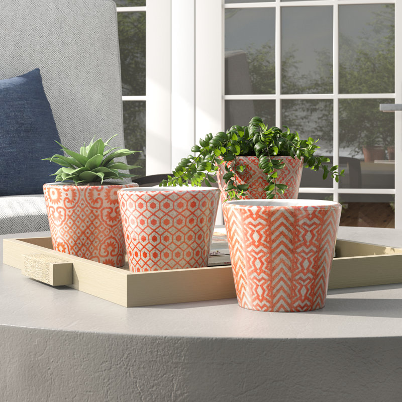 Set of 4 Orange and White Terracotta Planters with Geometric Patterns, Bohemian Plant Pots, for Succulents, Herbs, and Greenery, 5” x 5”
