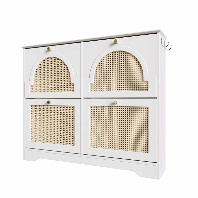 Mid - Century Style Freestanding Shoe Cabinet with Four Flip Drawers, Featuring Hooks for Enhanced Functionality, White