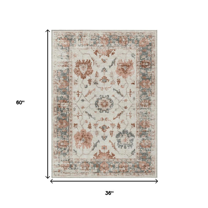 3' X 5' Linen And Ivory Floral Washable Indoor Outdoor Area Rug