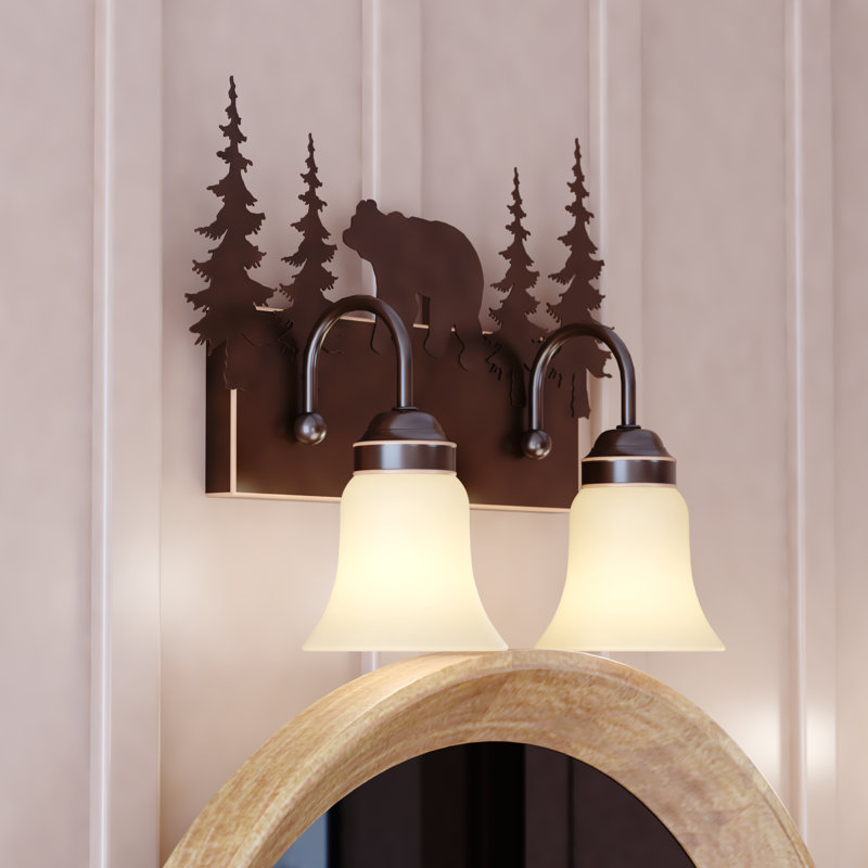 Luminaire de salle de bain rustique en bronze bruni à 2 lumières de 16,75 pouces de large Jensen, abat-jour en verre ambré, ours et arbres, à intensité variable, compatible avec DEL, fixation murale au-dessus du miroir