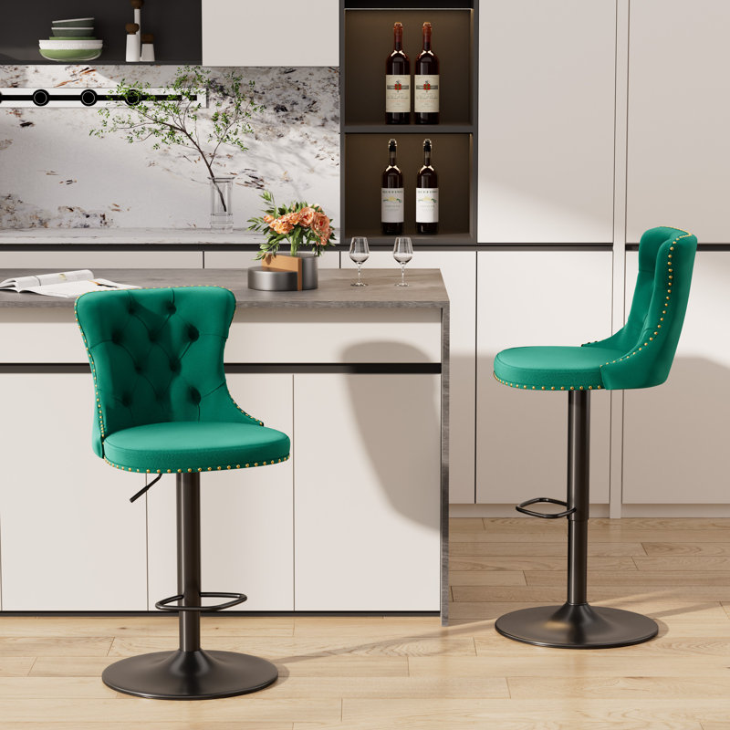 Tabouret de bar pivotant en velours à hauteur réglable avec structure en métal (ensemble de 2), Vert, Noir