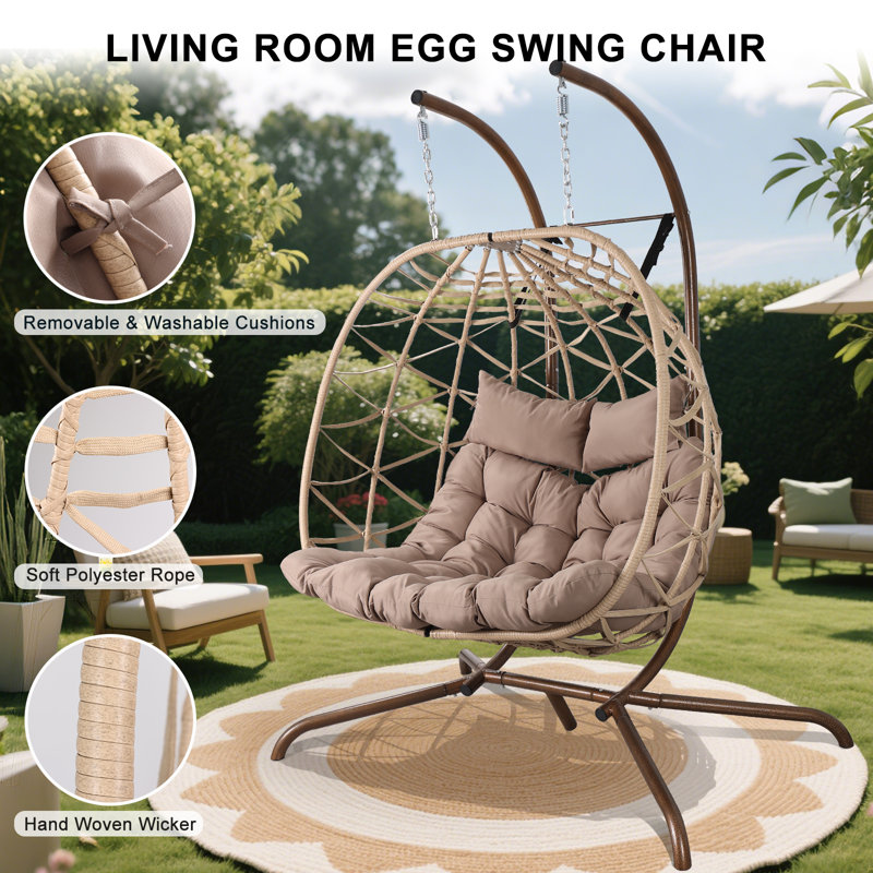 Balancelle pour 2 personnes d'extérieur / intérieur avec support, fauteuil double suspendu avec coussin, Brun
