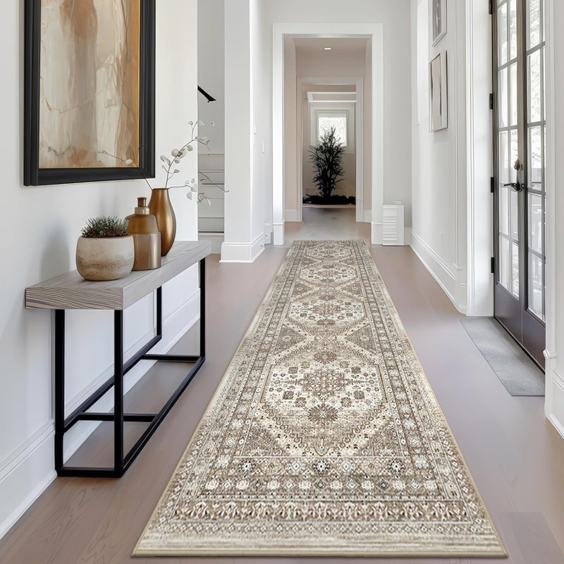 Medallion Non Slip Washable Rug(Brown), Runner 2' x 10'