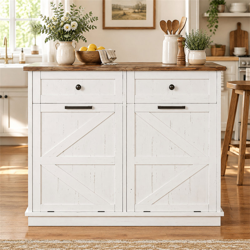 Meuble-poubelle double basculant pour deux bacs de 38 litres, style ferme, avec tiroir