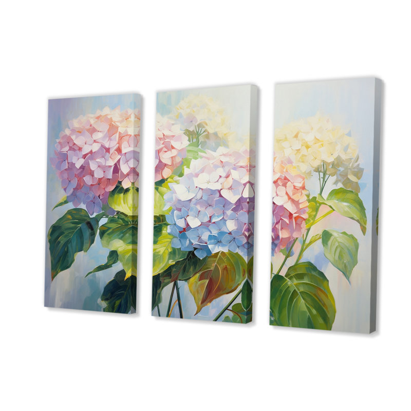 Délicat bouquet d'hortensias délicat pastel I - ensemble d'art mural sur toile hydrangées, H 32 po x l 48 po x P 1 po