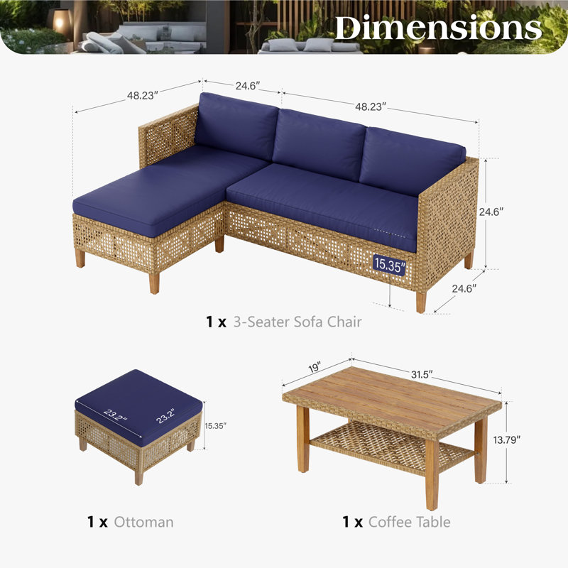 Outdoor Wicker Patio Conversation Furniture Set With Acacia Wood Coffee Table, Navy