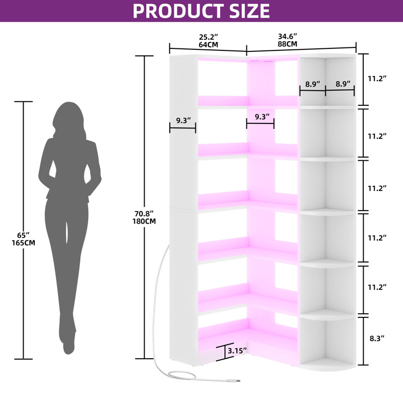 White L-Shaped 6-Tier Corner Bookshelf with LED Light