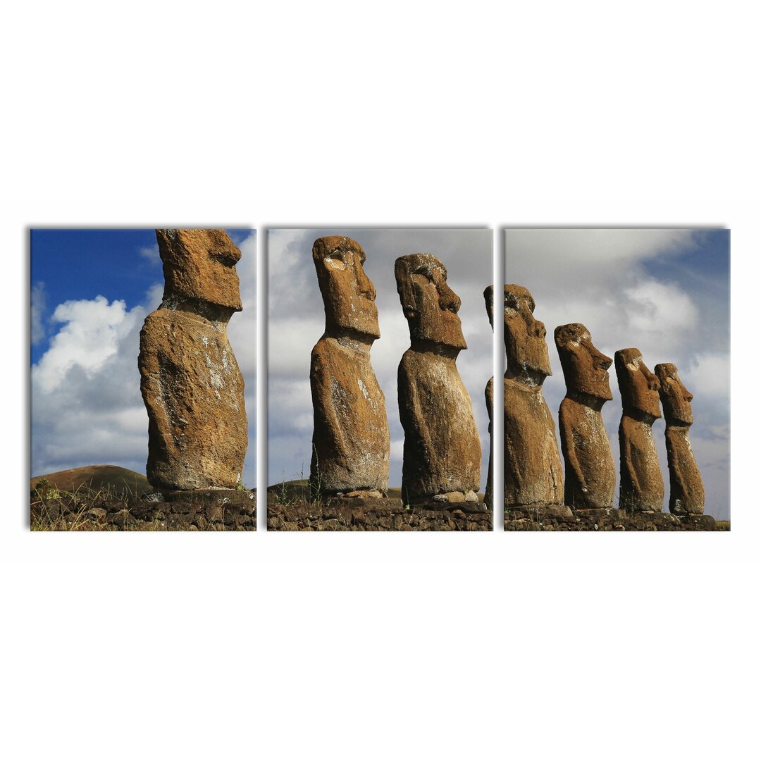 3-tlg. Leinwandbilder-Set Moai Statuen auf den Osterinseln