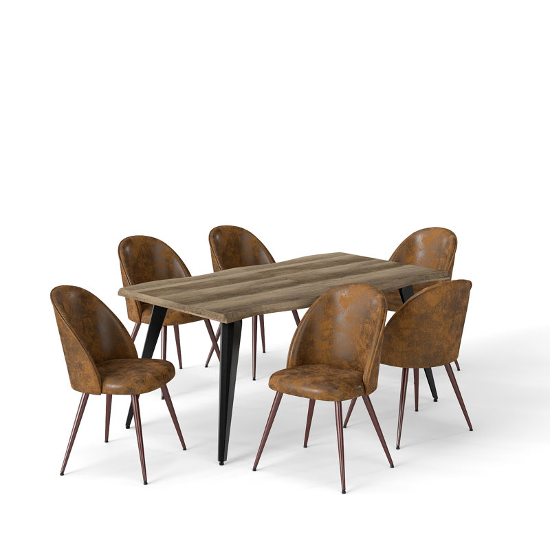 Shivani 7-Piece 63'' Rectangular Dining Set with Upholstered Chairs, Tan, Vintage Brown