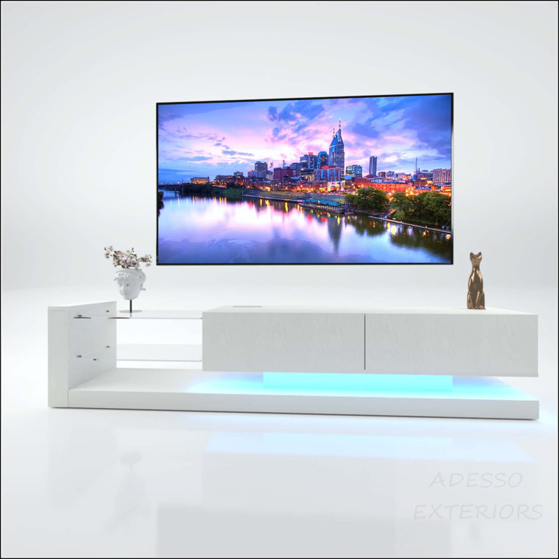 Meuble télé à DEL pour téléviseur de 75 po avec prise de courant et portes escamotables, Blanc