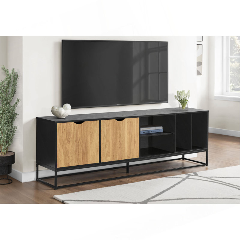 Meuble télé, 72 po, console, meuble multimédia, armoire de rangement, stratifié noir, métal noir