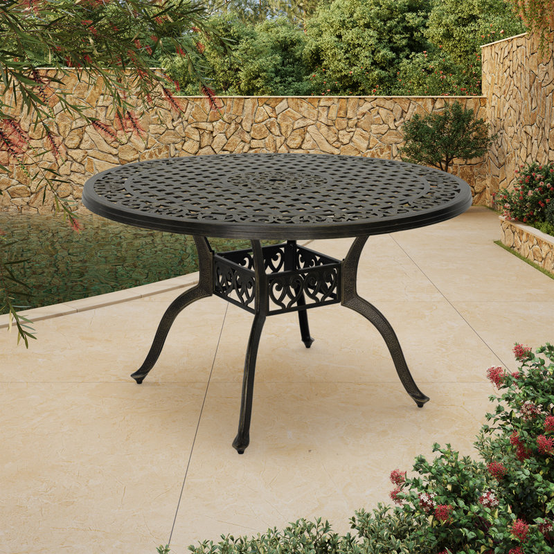 Aveah 47" W Round Metal Patio Dining Table with Umbrella Hole, Brown