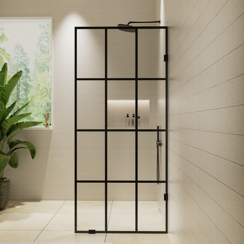 34 po X P 78 po H Panneau de douche simple fixe sans cadre en quadrillage noir avec Verre transparent