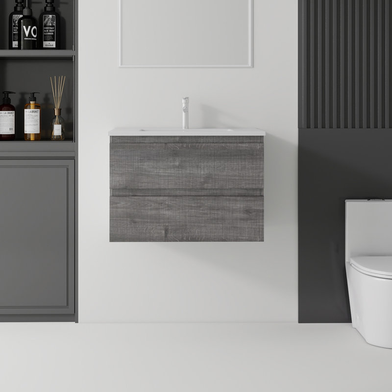 Meuble-lavabo suspendu de 61 cm (24 po) avec lavabo intégré, tiroirs à fermeture amortie, lavabo en céramique intégrée, armoire en contreplaqué, gris
