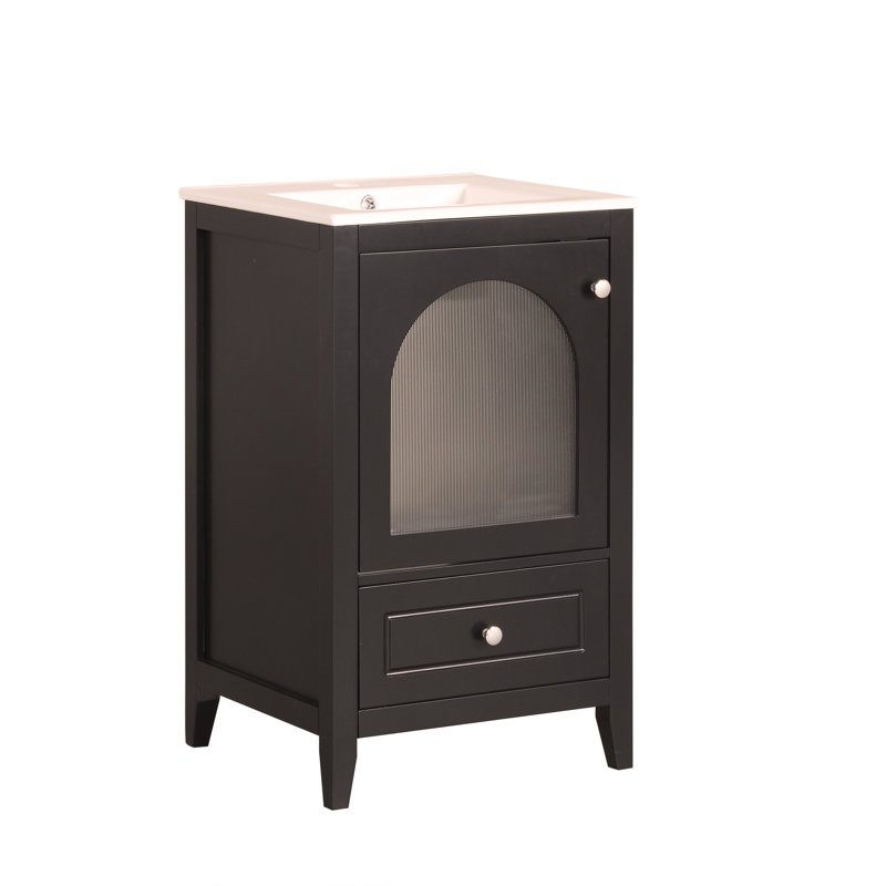 Meuble-lavabo de 20 po avec lavabo en céramique, porte et tiroir en verre à fermeture douce, design moderne, Blanc
