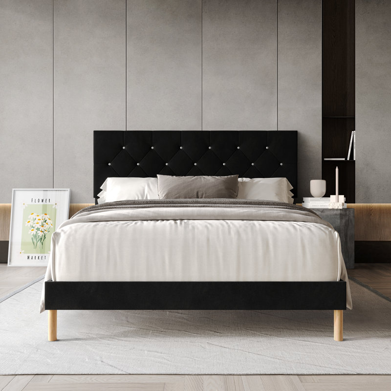 Velvet Upholstered Bed, Black, Full