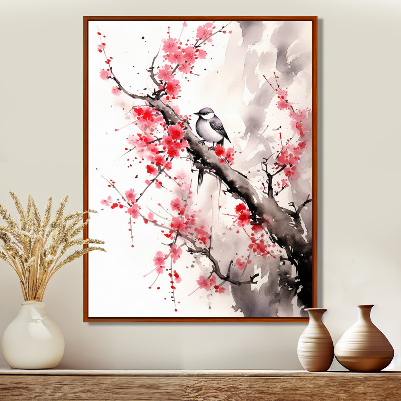 Art asiatique, Sumi oiseau sérénité, art asiatique, 44" H x 34" W, Silver Picture Framed