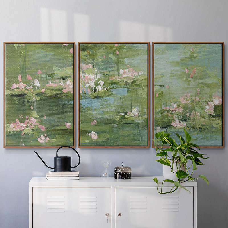 Céladon, reproduction sur toile 3 pièces, Cadre noyer, H 36 po x l 75 po
