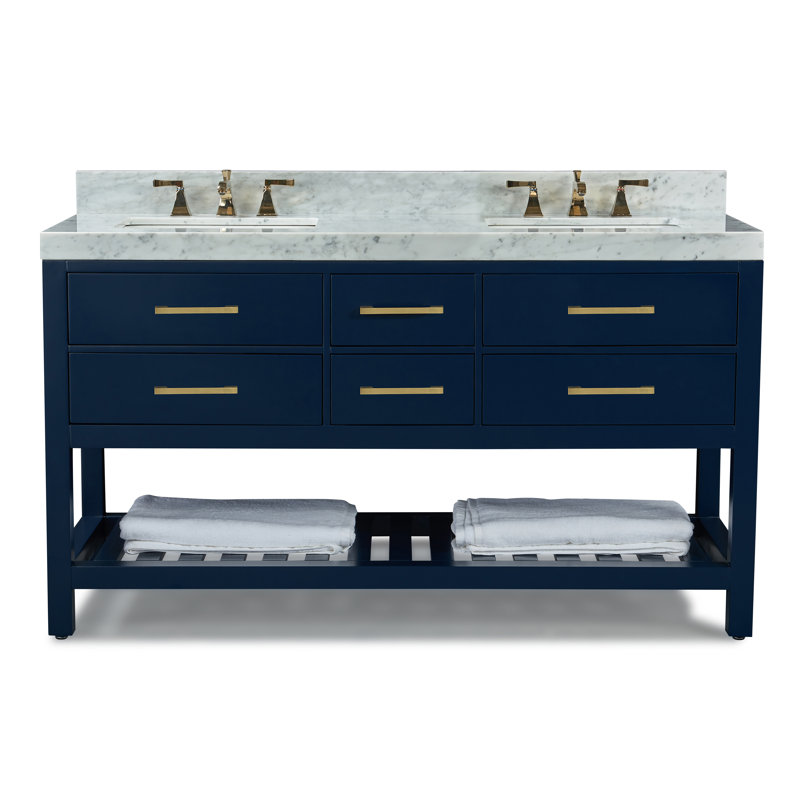 Elizabeth 60 in. Handmade Double Vanity, Heritage Blue/Brushed Gold, Carrara White Marble