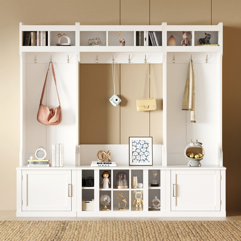 Arbre d'entrée large avec rangement et banc, banc d'entrée multifonctionnel 4-en-1 avec portemanteau et casiers à chaussures, mobilier pratique pour le couloir
