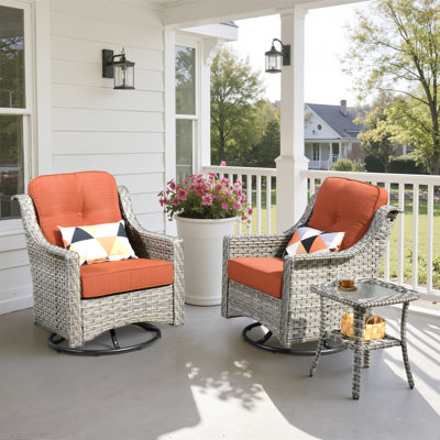 Daliya 3-Piece Outdoor Wicker Patio Conversation Set With Swivel Rocking Chairs, Cushions & Side Table