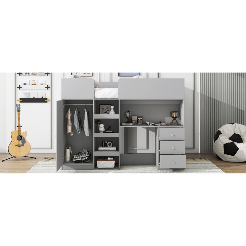 Lit mezzanine gris avec bureau intégré, garde-robe et rangement