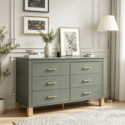 Modern 6-Drawer Double Dresser in Grey with Metal Handles and Solid Wood Legs