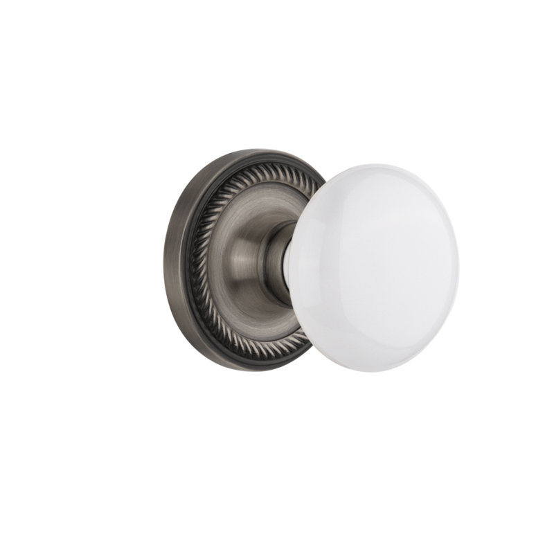Rope Rosette with White Porcelain Door Knob, Antique Pewter, 2-3/4”