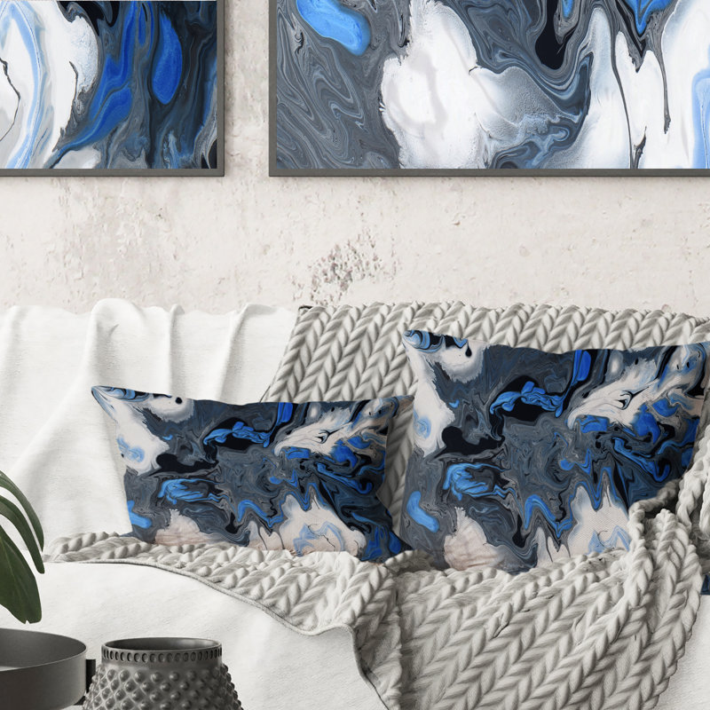 Coussin 12 "x 20" à imprimé de vagues bleues sur fond blanc et noir
