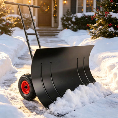 Black 29 Inch Wheeled Snow Pusher, 7‑Angle Blade With Wear Strip For Driveway Use