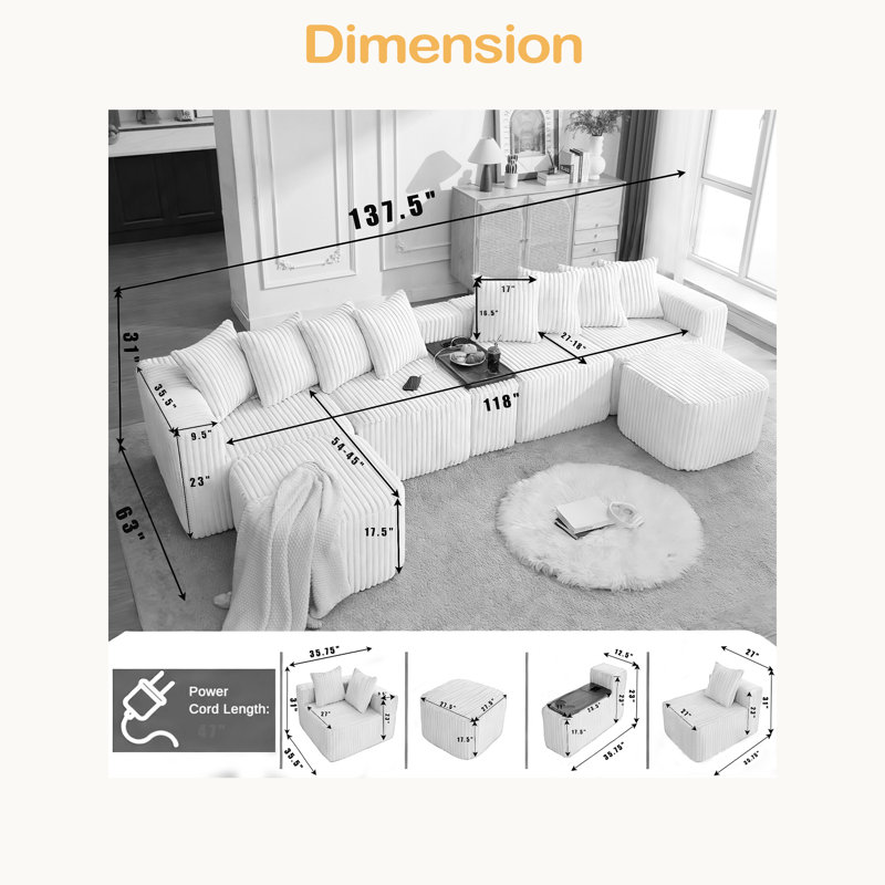 137.5" U Shaped Sofa , USB & Wireless Charge, Coffee Table Board With A Cup Holder, Oversize Movable Modular Sofa,Movable Footstool