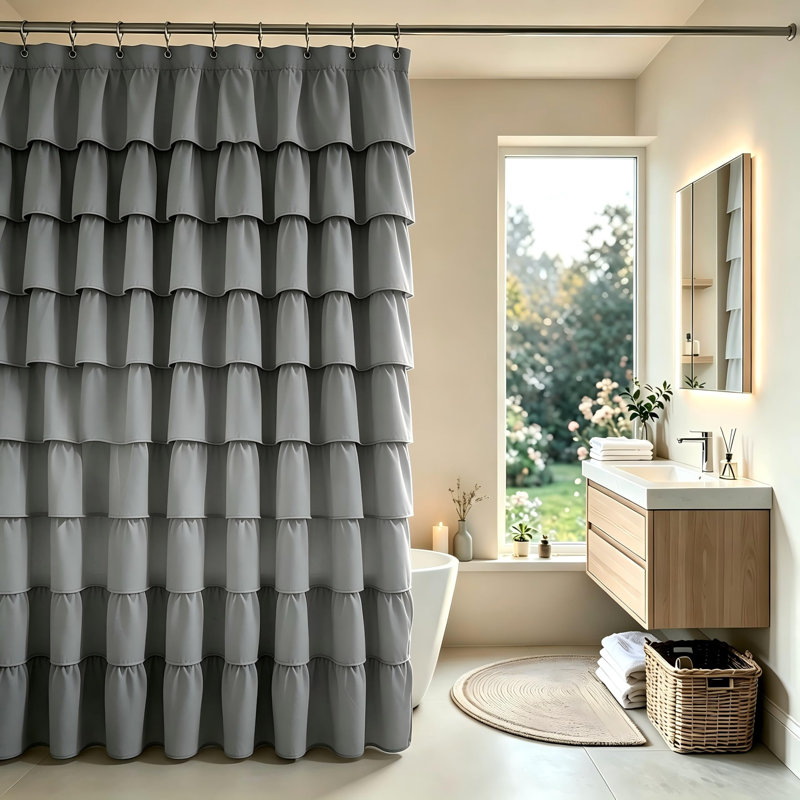 Rideau de douche à volants, 183 cm x 183 cm, ourlet à volants en cascade à 9 niveaux, tissu polyester, 12 boutonnières renforcées pour baignoires de salle de bain standard