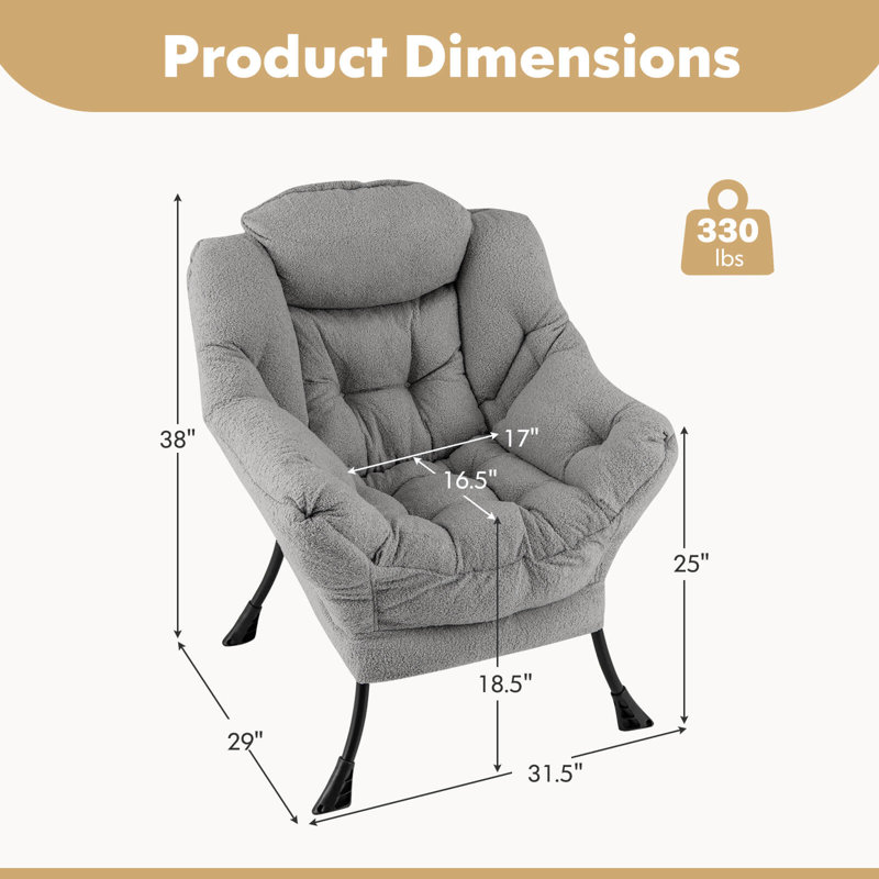 Winston Porter Large Lazy Chair With Cozy Head Pillow Stylish Tufted Back & Seat Armrests, Gray Cotton