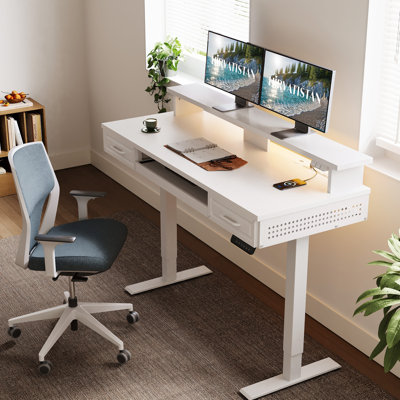 Yaelin Home Office Height Adjustable Standing Desk with Woodend Drawers, Keyboard Tray, Power Outlets and LED Lights