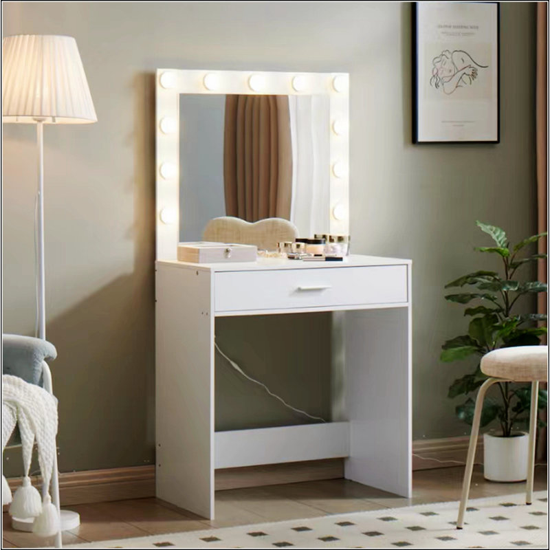 Vanity Desk with Mirror and Lights, Dressing Table with Large Drawer, 1 Level Storage Dresser & 3 Lighting Modes Adjustable Brightness, Suitable for Bedroom