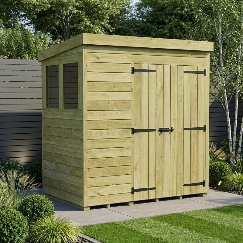 Total Sheds 6ft x 4ft Pent Garden Shed - Double Door - With Windows - Pressure Treated Timber - UK Manufactured