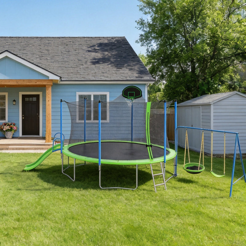 Trampoline d'extérieur 12 pi avec glissoire, balançoire, enceinte de sécurité et échelle