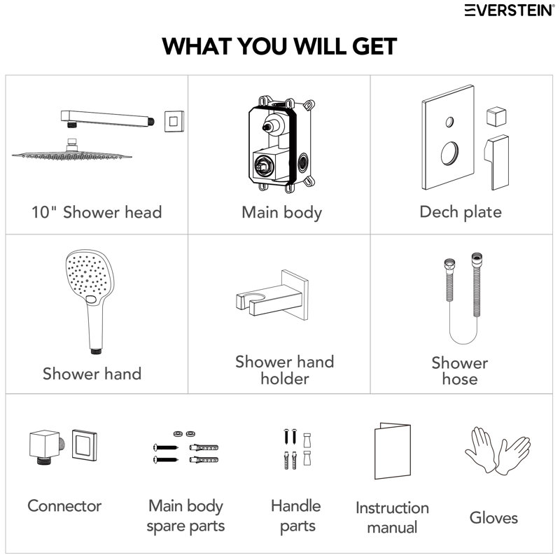 Système de douche à pression équilibrée, robinet de douche à pluie de 10 pouces avec valve brute, Noir mat