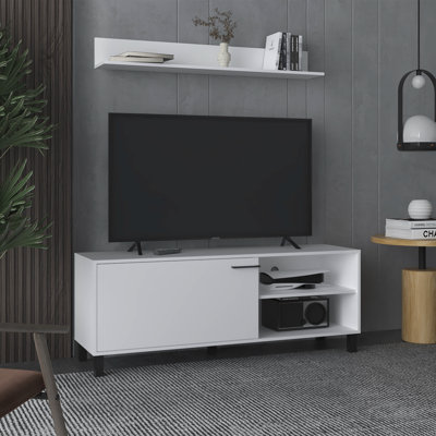 Ensemble de salon, meuble télé + tablette murale, 1 porte, 3 tablettes, blanc