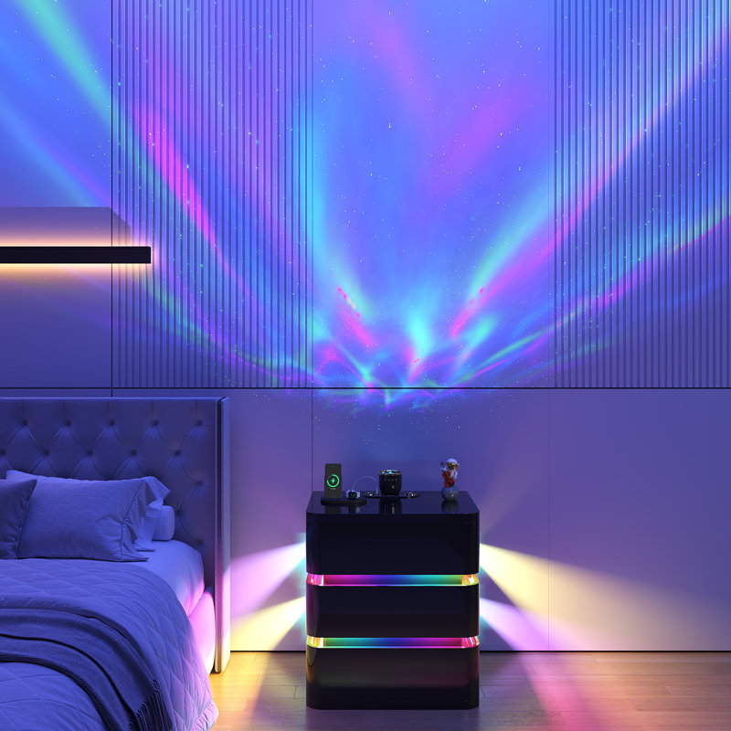 Fully Assembled 3 Drawers Nightstand With Rgb Lights, Starlight Projections, Charging Station And Speaker, Black