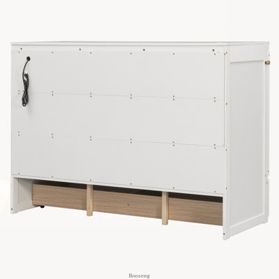 Lit escamotable Queen avec tiroir, prises et ports USB, blanc