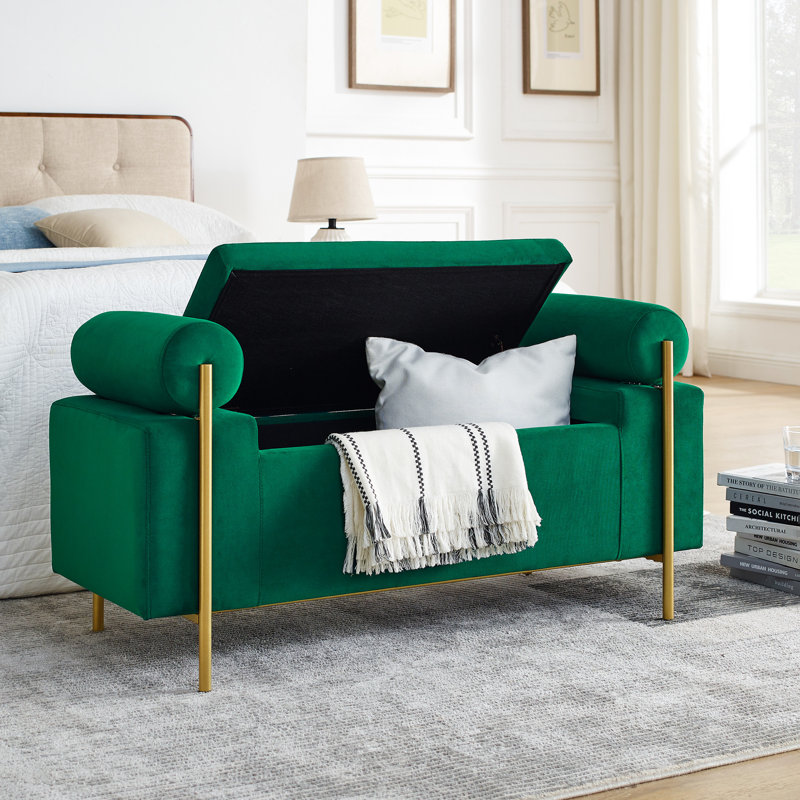 Modern Velvet Bench With Strong Iron Support For Living Room Cylindrical Arms And Legs Home Decoration Feature, Green