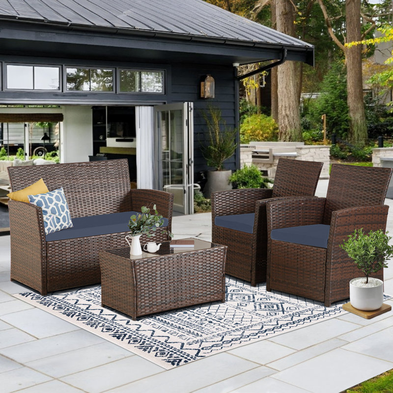 4 Piece Outdoor Patio Wicker Furniture Sectional Sofa Set With Cushions & Glass Coffee Table, Brown, Navy