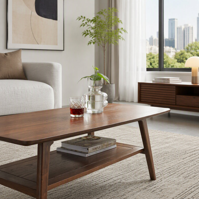 Table centrale Table basse 100% bois de chêne massif Plateau en bois massif avec plateau de rangement, 39.37", Noyer