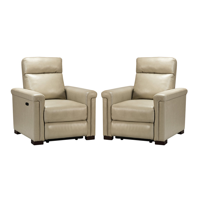 Adela 36.02'' W Genuine Leather Power Recliner with Solid Wood Legs, Beige  Genuine Leather