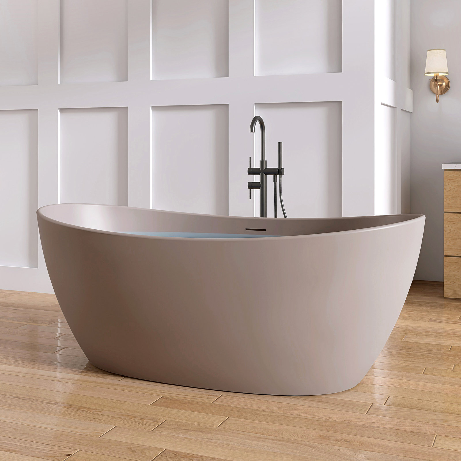Forma 65'' Freestanding Bathtub Solid Surface Deep Soaking Tubs Double Slippers, Gray
