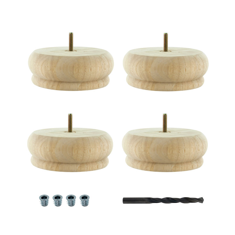 Unfinished Solid Hardwood Round Bun Foot Set with Drill Bit