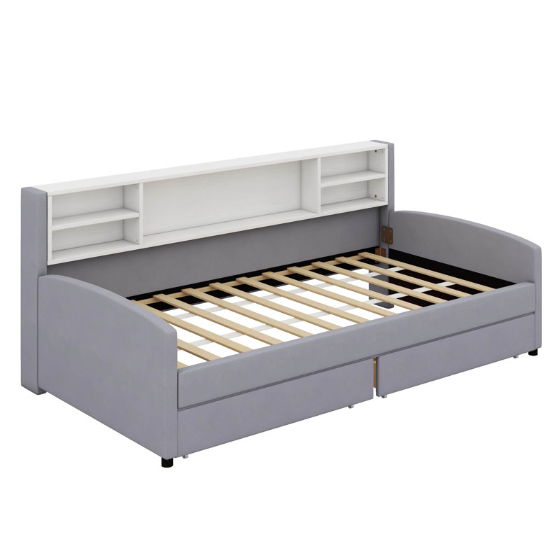  Lienke Twin Size Upholstered Platform Bed With Storage And Drawers, Gray