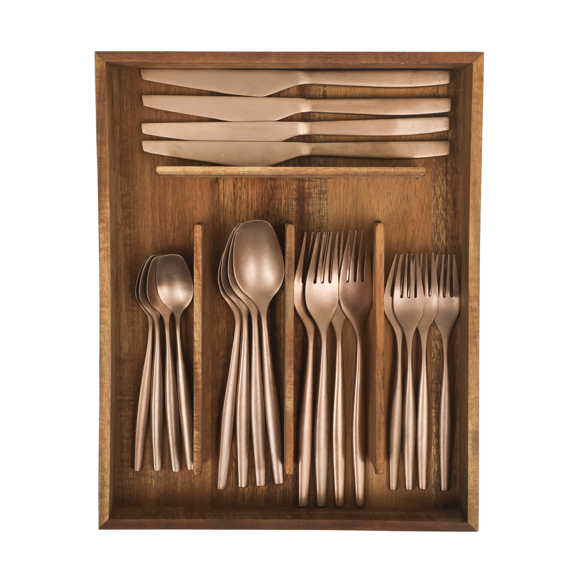 Bloomhouse 20 Piece Stone Washed Gold Flatware 18/10 Stainless Steel Silverware Cutlery Utensil Set With Acacia Wood Caddy - Service for 4 | Wayfair